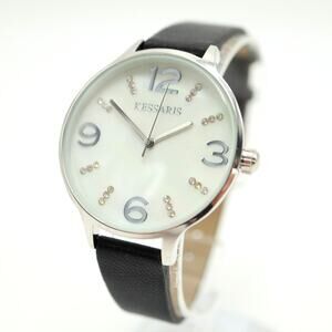Kessaris Womens Silver MOP Watch 37mm Diamon Dial Black Faux Leather New Battery